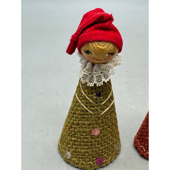 Vintage Handmade Cone-Shaped Christmas Elf Figurines Set Of 3 Red Green Hat READ - Picture 2 of 7